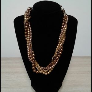 Glass Pearl and bead necklace 6 strands,gold beige